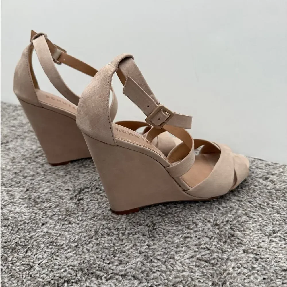Schutz Wedge Strappy Sandals Beige Nubuck Size 8